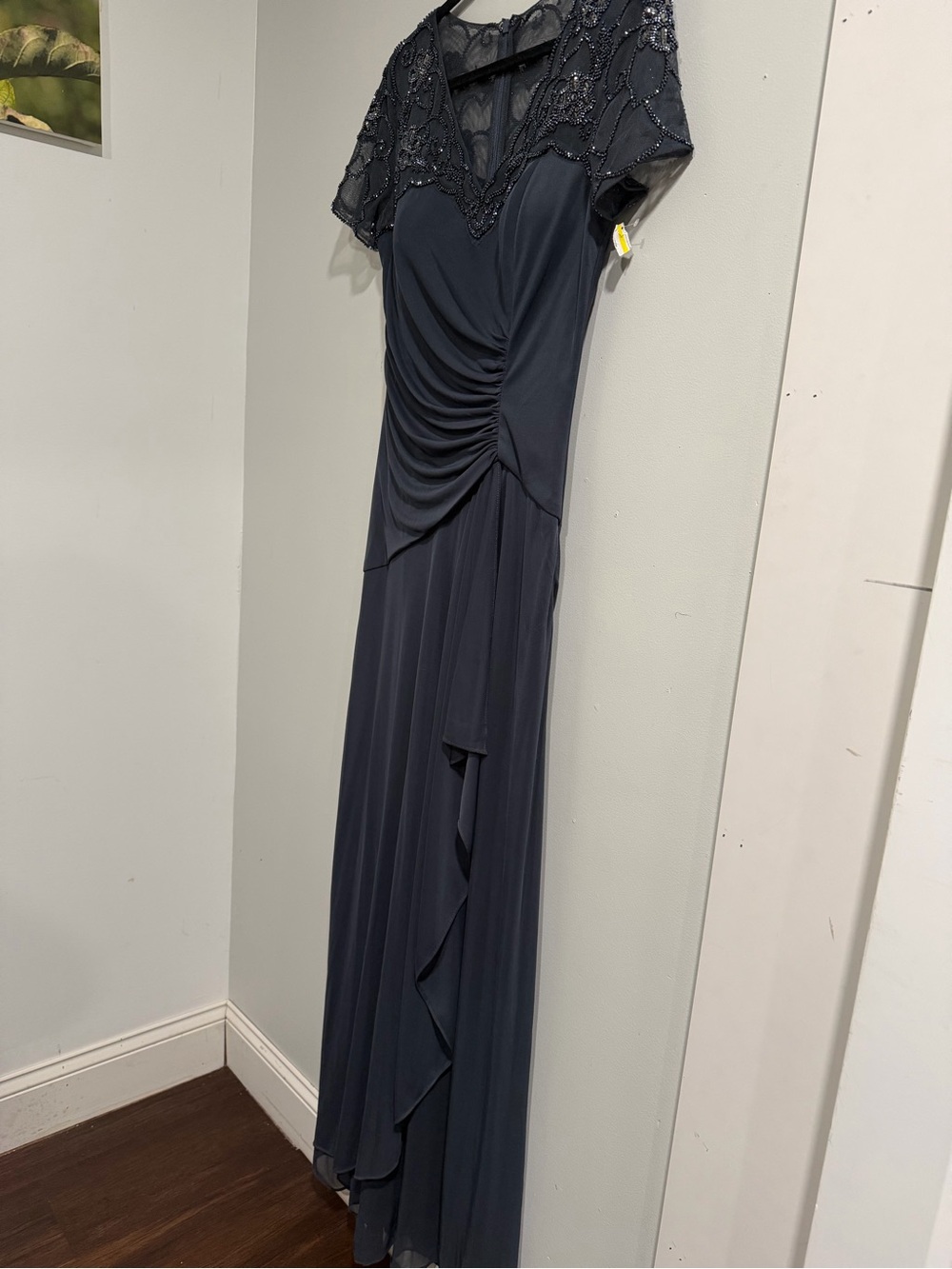 Xscape Navy Beaded Lace-Shoulder Ruched Maxi Dress